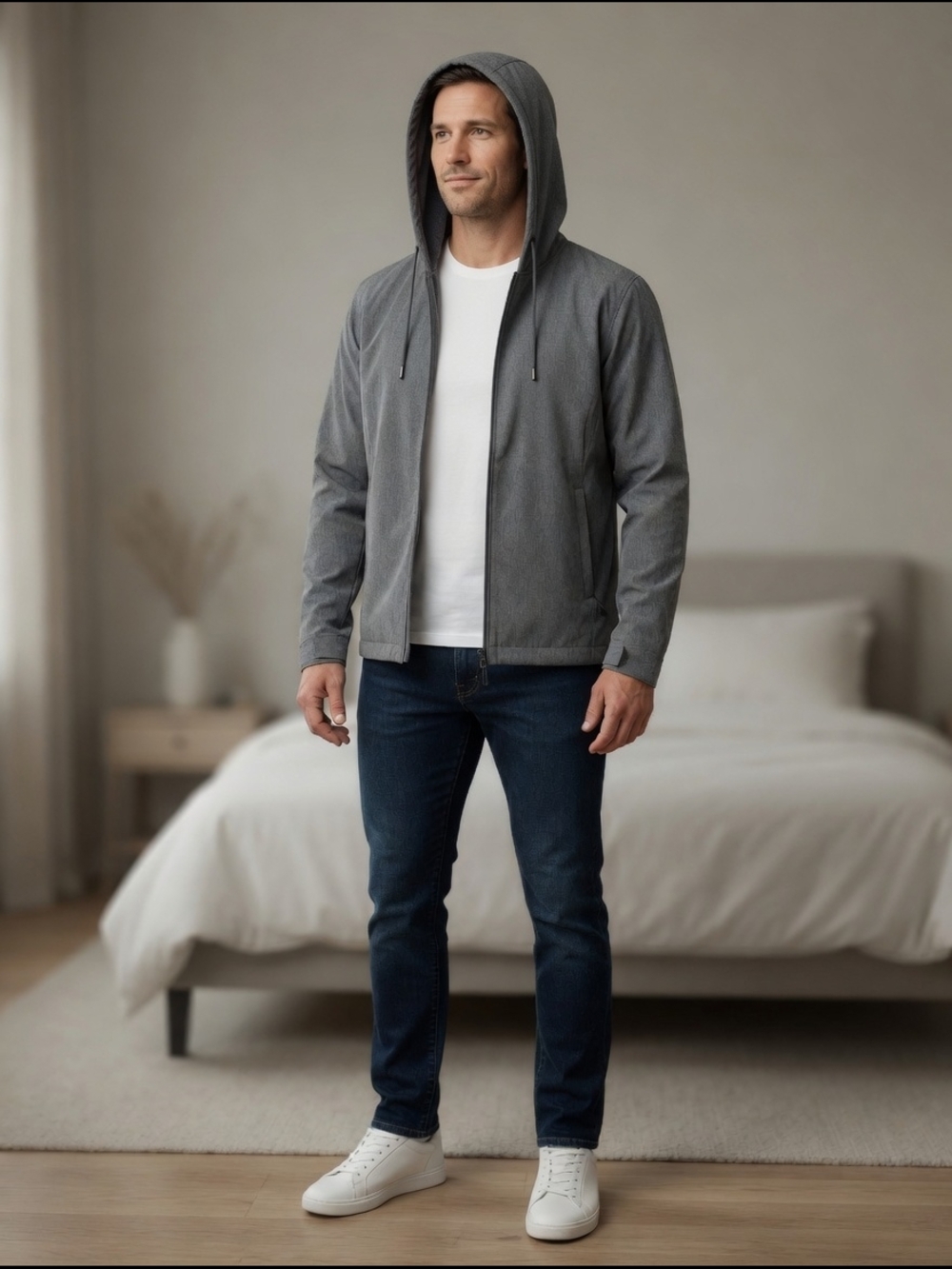 Men's Gray Hooded Jacket - Modern Zip Front